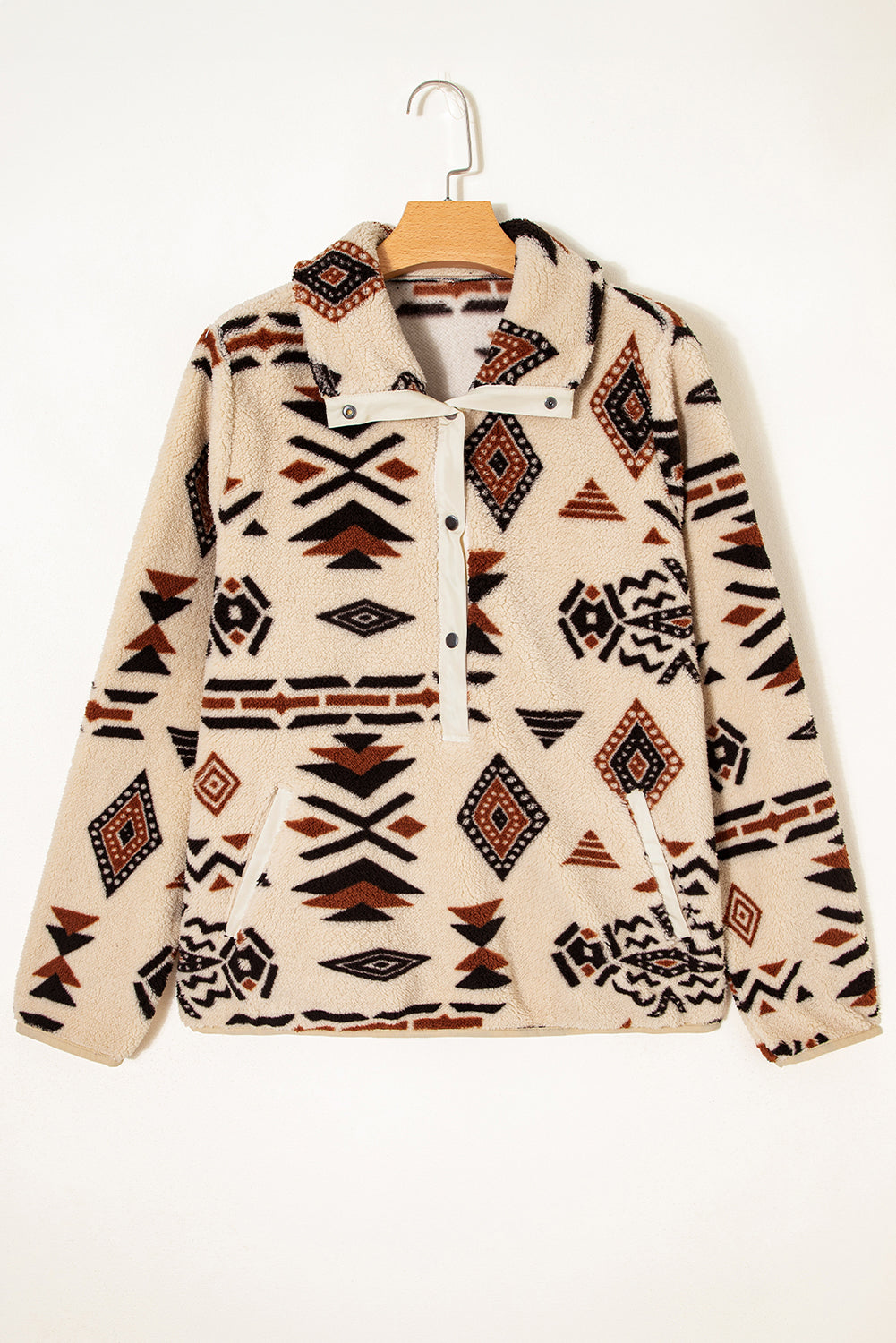 Khaki Western Aztec Half Placket Plush Sweatshirt