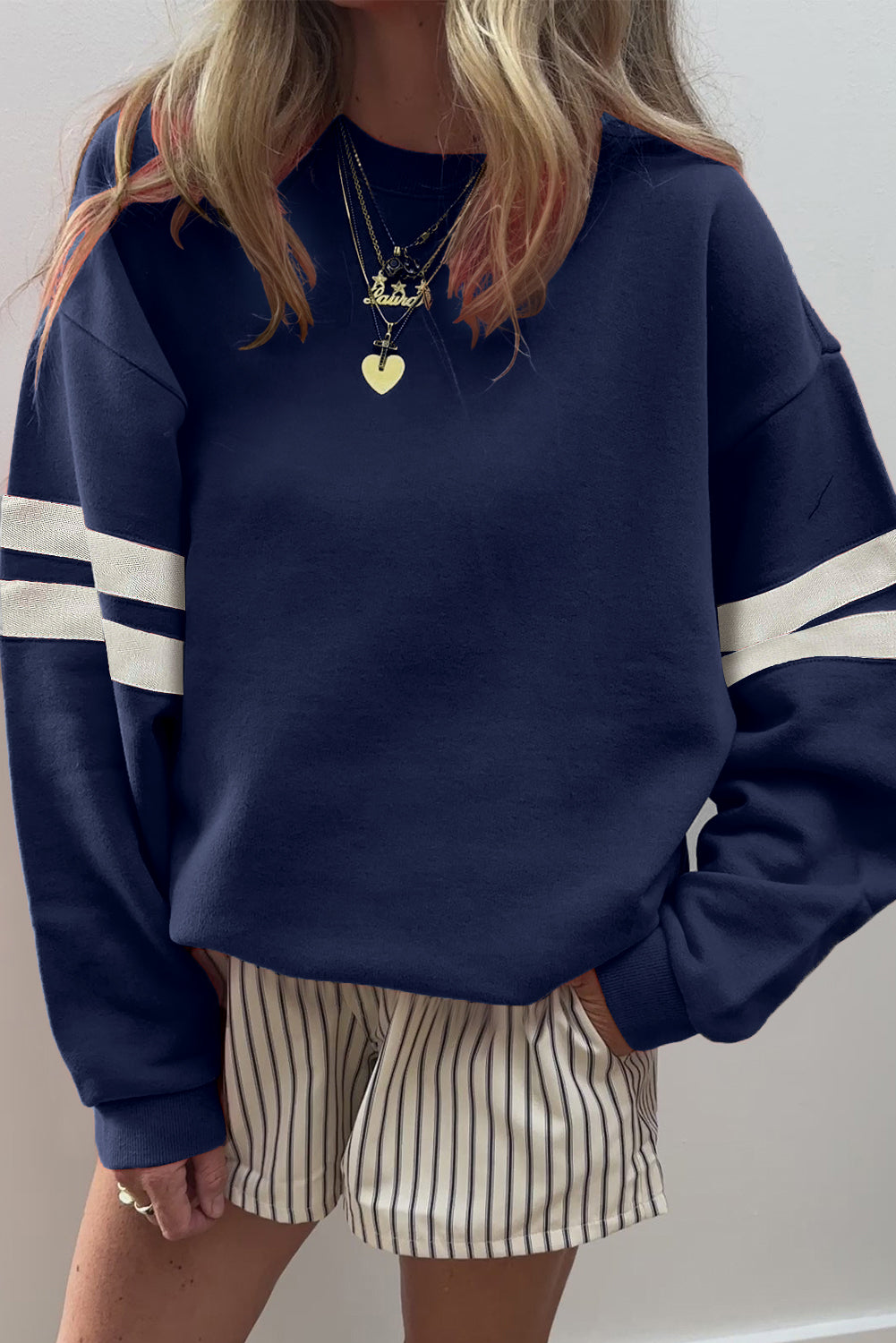 Light French Beige Varsity Striped Detail Drop Shoulder Oversized Sweatshirt