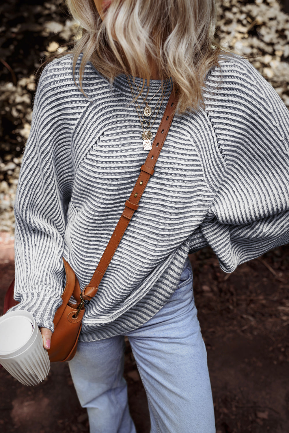Medium Grey Striped Print Ribbed Knit Boat Neck Baggy Sweater