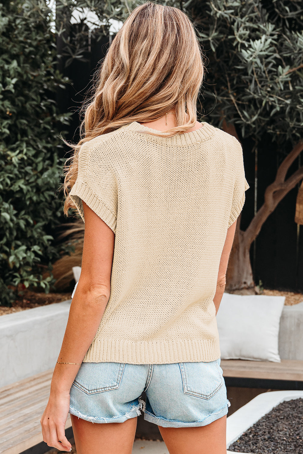 Parchment Bowknot Applique Cap Sleeve Sweater