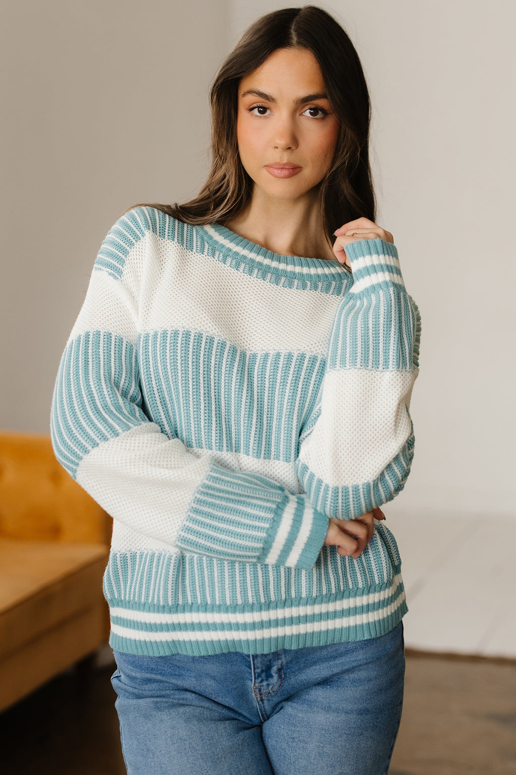 Brown Two Tone Striped Patchwork Drop Shoulder Loose Sweater