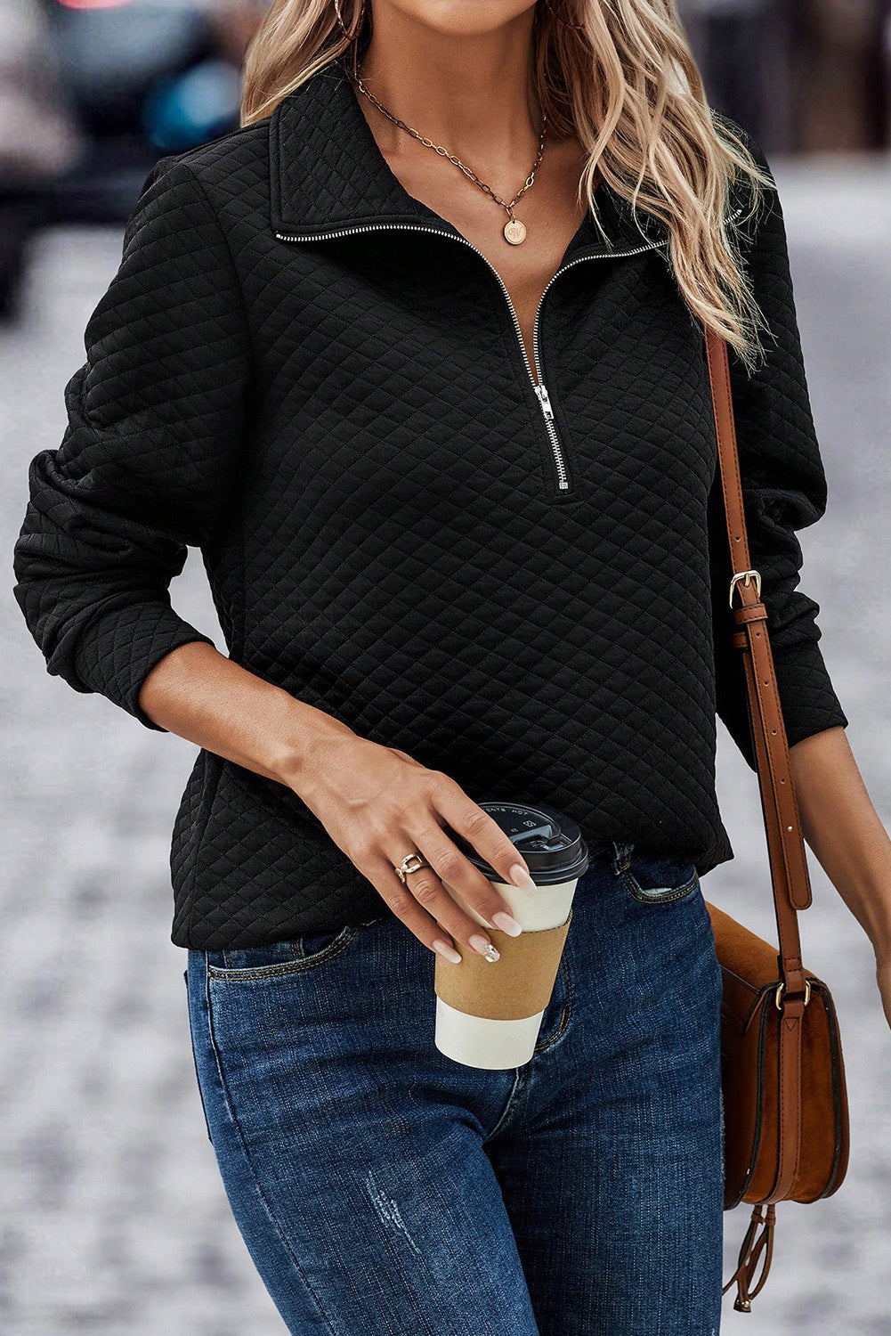 Black Solid Half Zipper Quilted Pullover Sweatshirt