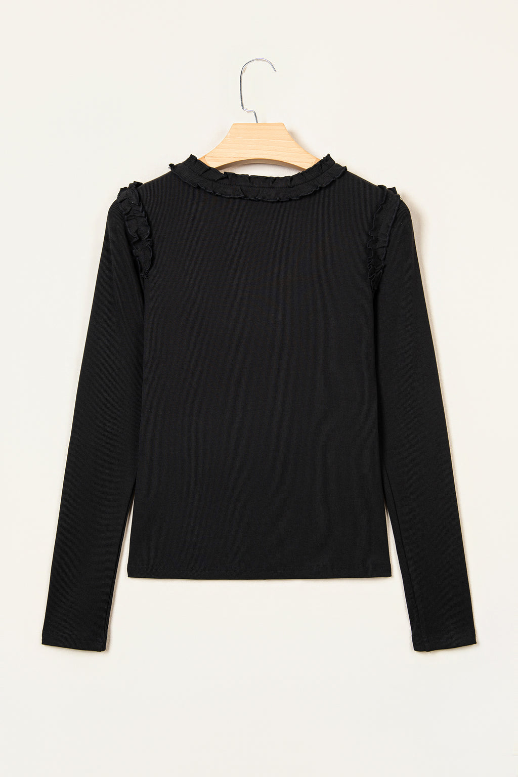 Black Solid Color Round Neck Frill Detail Long Sleeve Top
