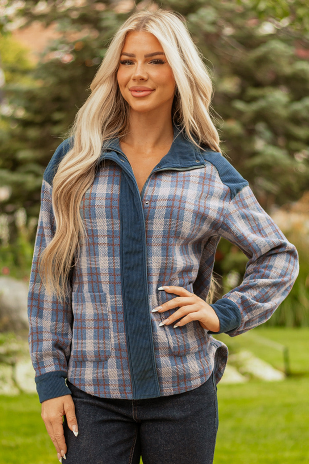 Gray Plaid Corduroy Patchwork Collared Zip Up Snap Button Jacket