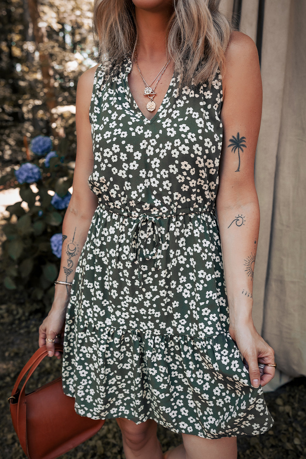 Green Boho Floral Print V Neck Tunic Sleeveless Dress