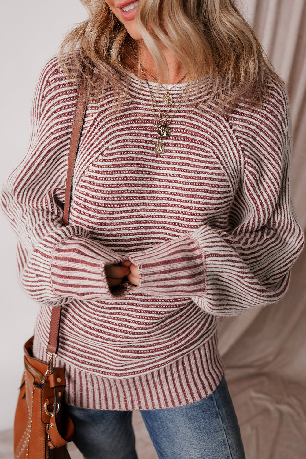 Medium Grey Striped Print Ribbed Knit Boat Neck Baggy Sweater