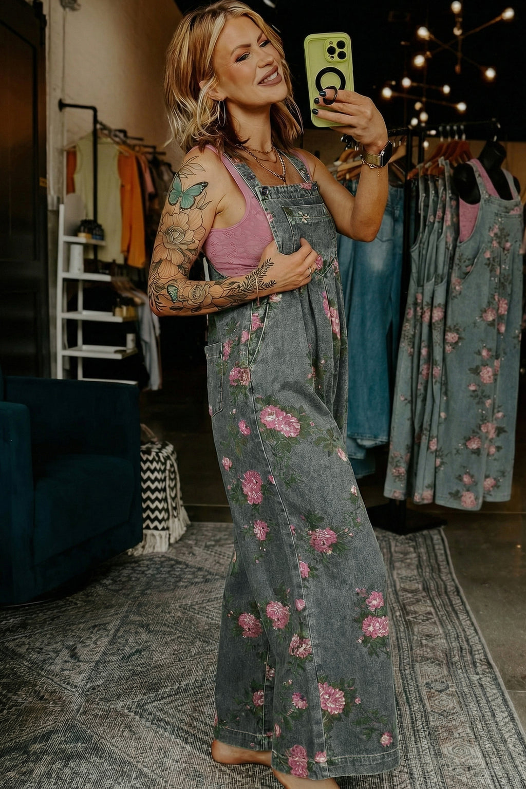Gray Beau Floral Print Pleated High Waist Wide Leg Denim Jumpsuit