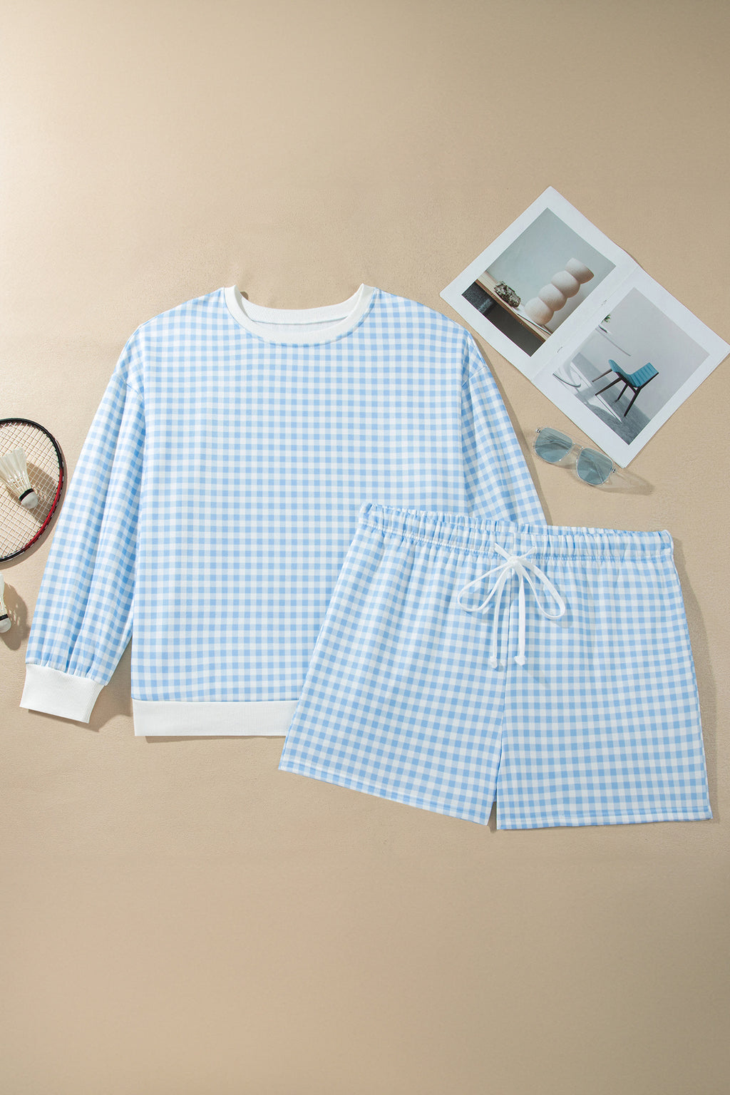Yellow Gingham Loose Pullover Top Drawstring Shorts Plus Size Set