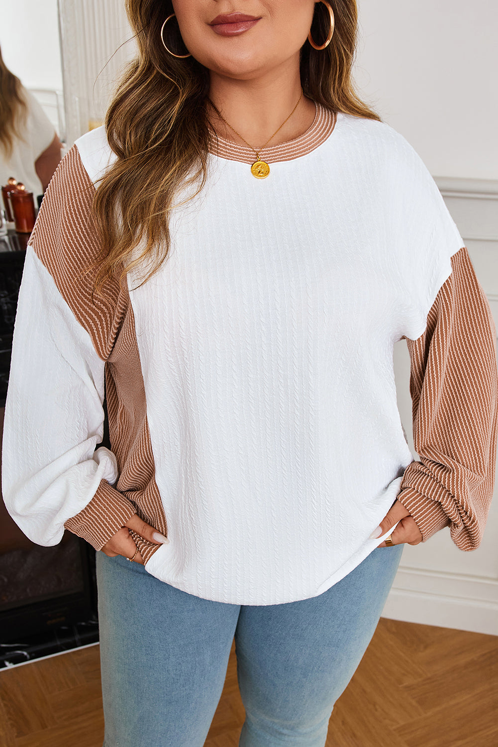 White Cable Texture Ribbed Color Block Plus Size Knit Top