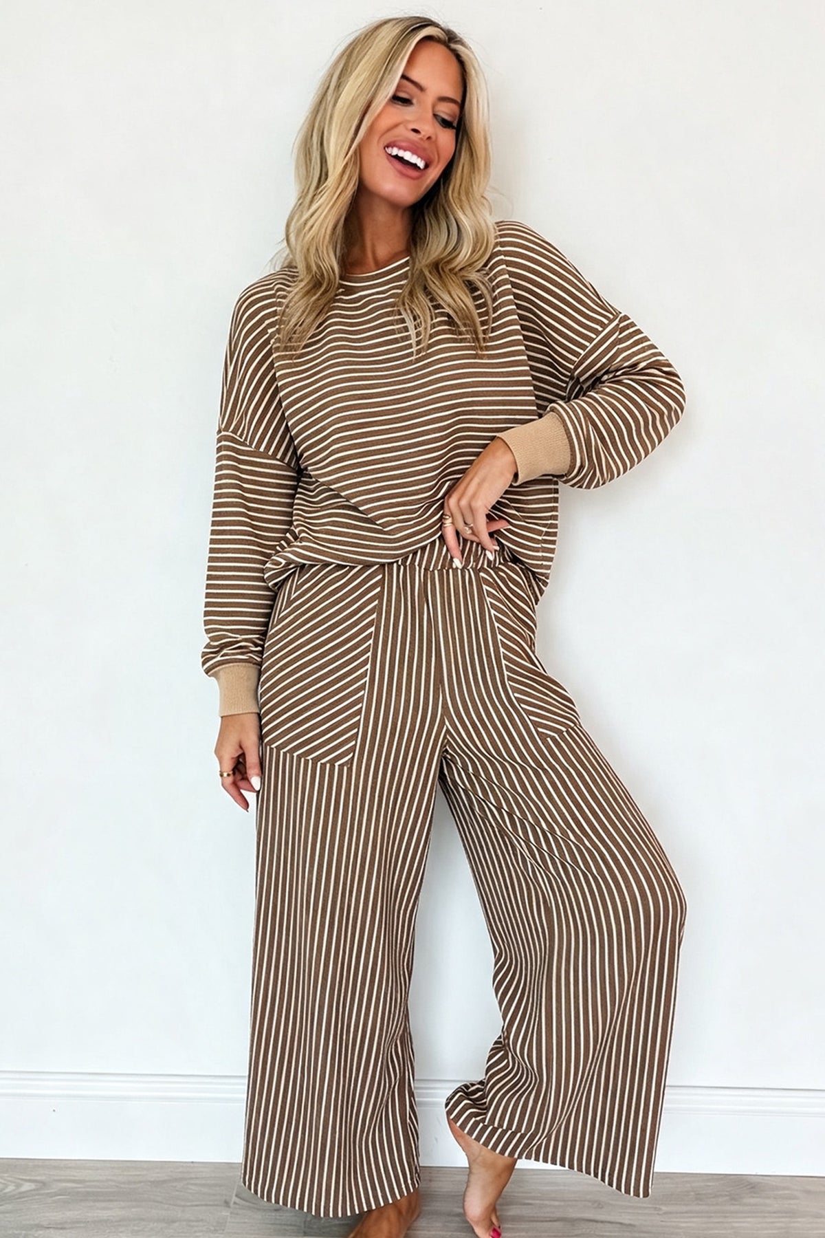 Brown Stripe Drop Shoulder Relaxed Pullover Casual Pants 2pcs Set