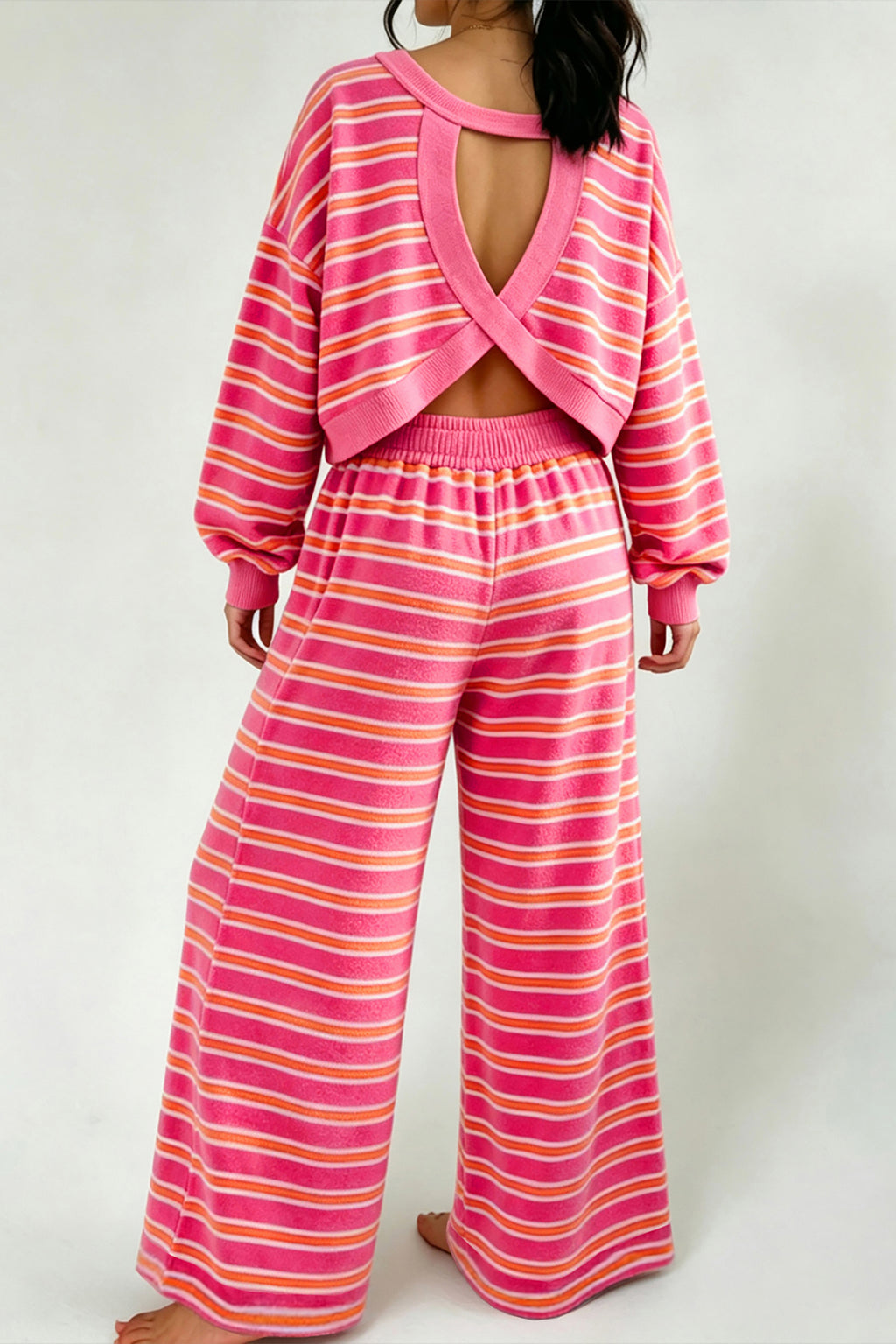 Rose Stripe Back Cutout Long Sleeve Top and Wide Leg Pants 2pcs Set