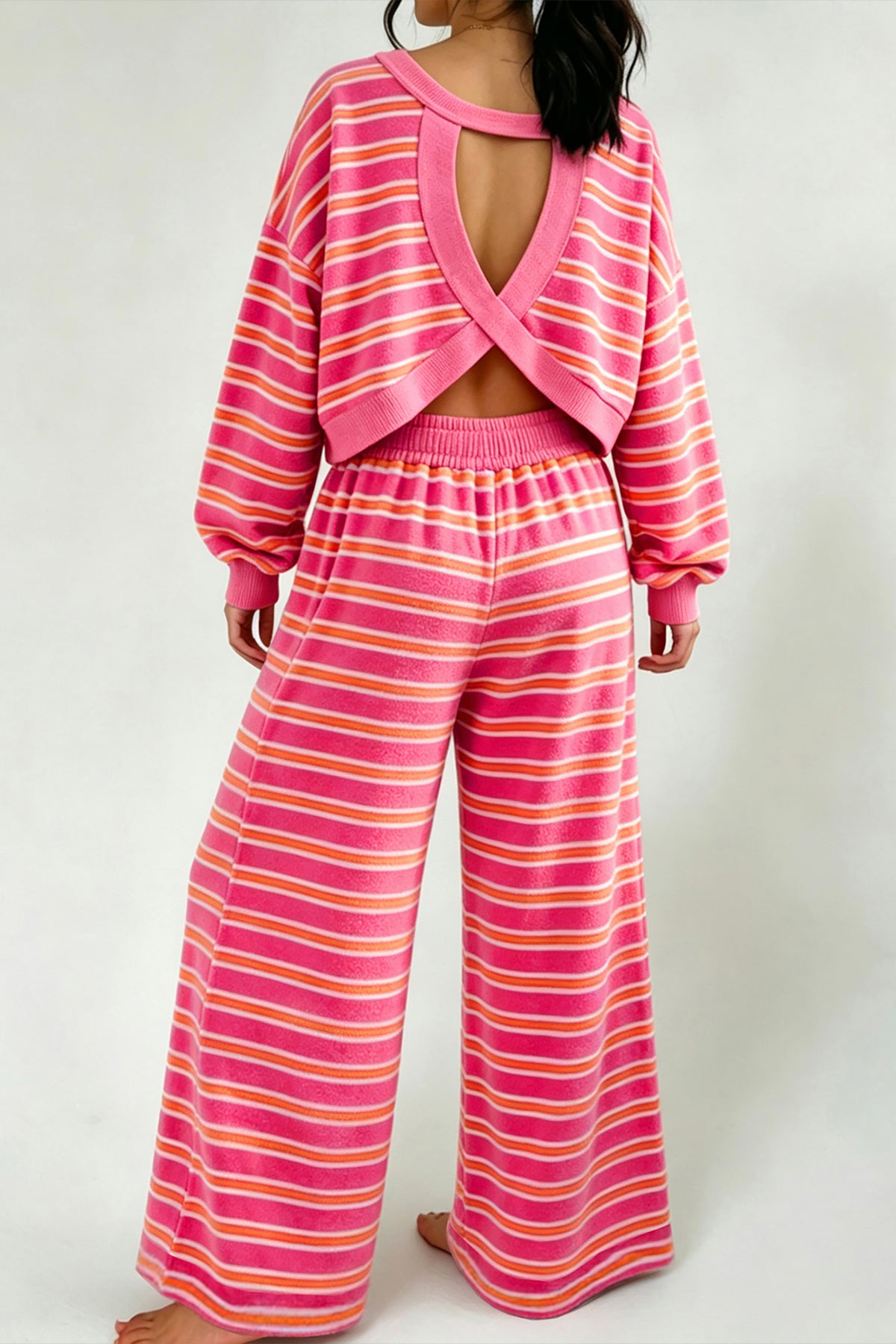 Rose Stripe Back Cutout Long Sleeve Top and Wide Leg Pants 2pcs Set