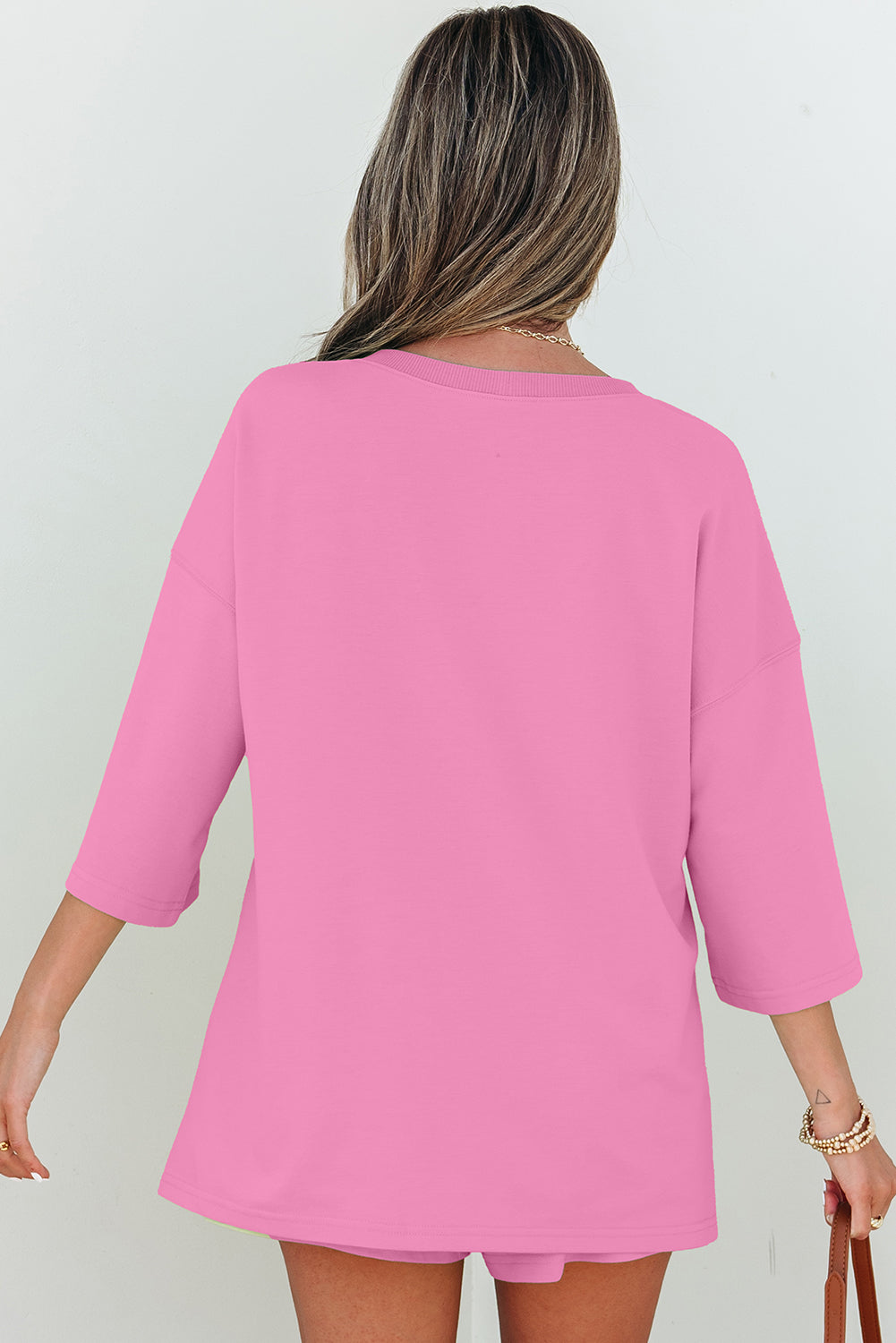 Bonbon Solid Loose V Neck Half Sleeve Tee and Shorts