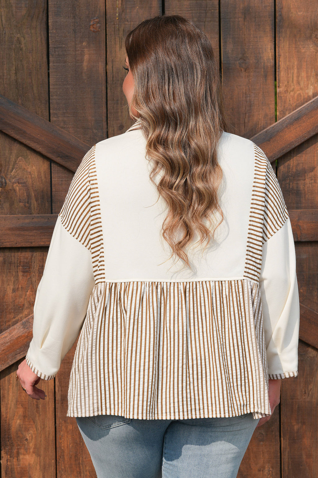 Khaki Stripe Plus Size Color Block Patchwork Half Button Long Sleeve Peplum Blouse