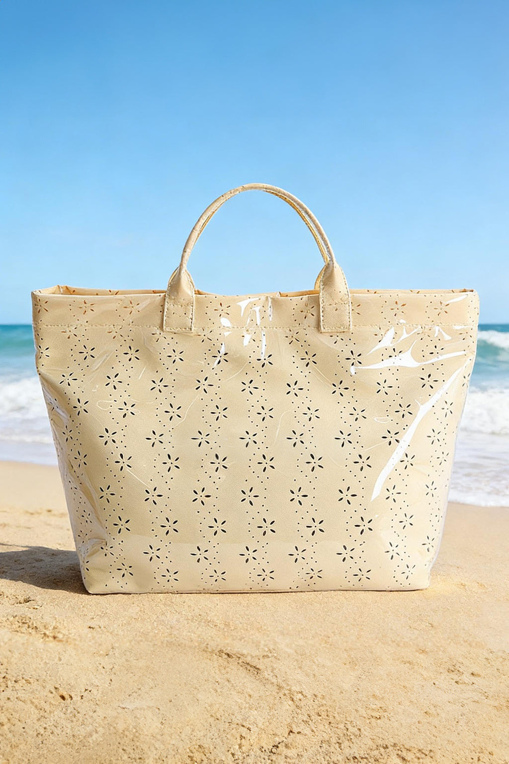 Dusk Blue Eyelet Flower Pattern PVC Glossy Waterproof Tote Bag