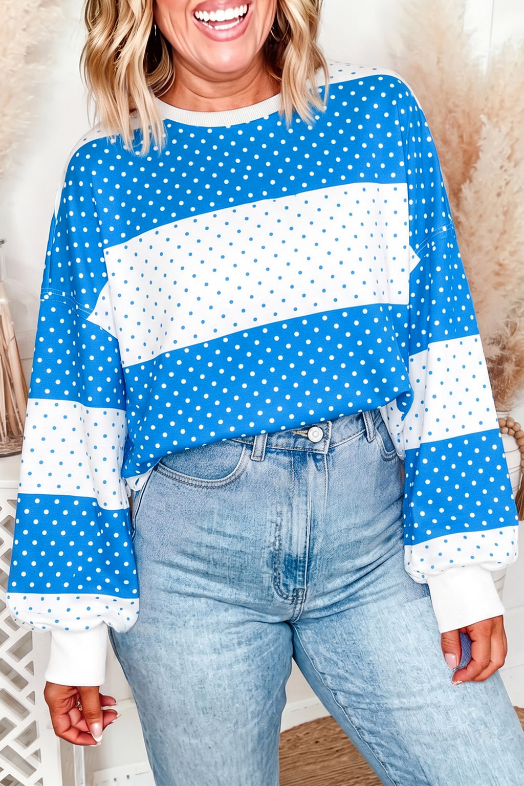 Brown Polka Dot Color Block Drop Shoulder Plus Size Long Sleeve Top