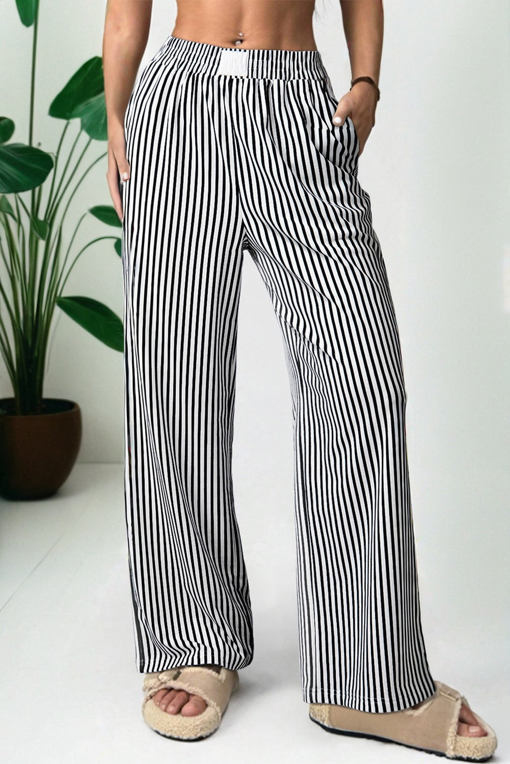Brown Stripe Elastic High Waist Pocketed Loose Pants