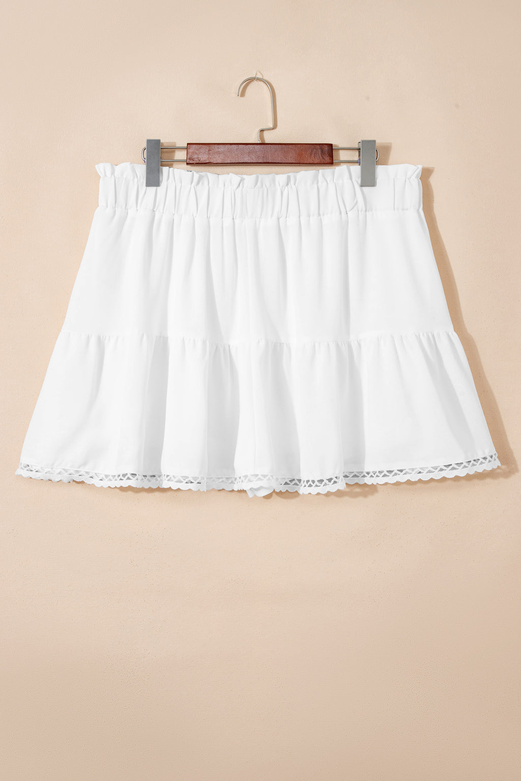 Rose Red Plus Size Frilled Elastic Waist Lace Trim Boho Ruffled Shorts