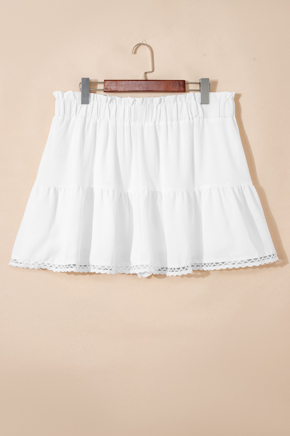 Rose Red Plus Size Frilled Elastic Waist Lace Trim Boho Ruffled Shorts