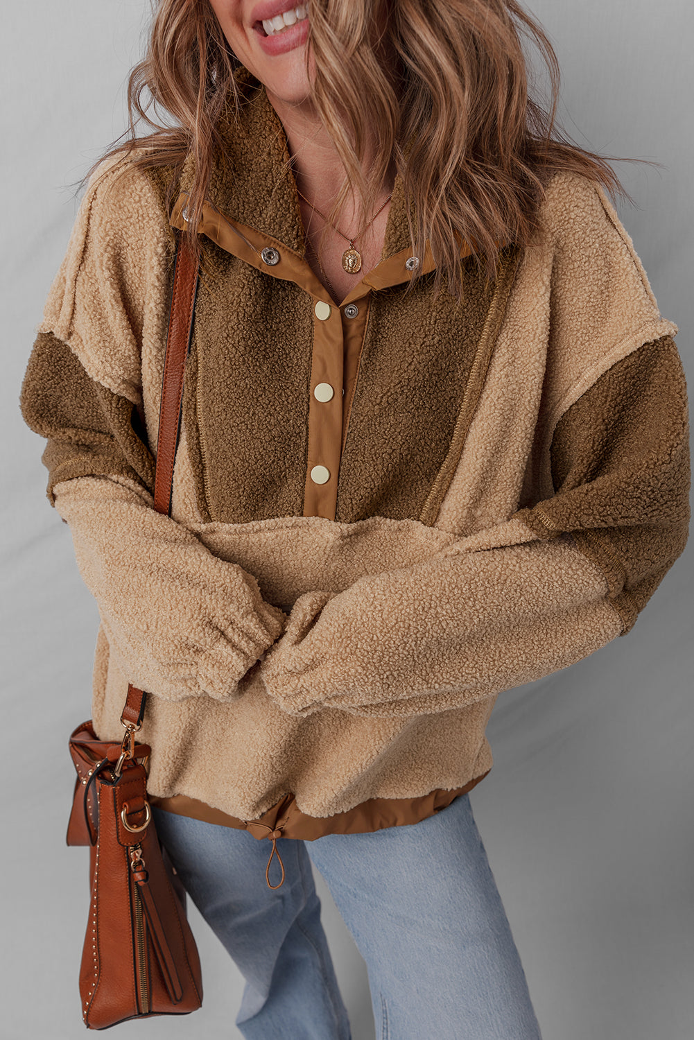 Straw Yellow 2-tone Color Block Patchwork Half Button Sherpa Sweatshirt