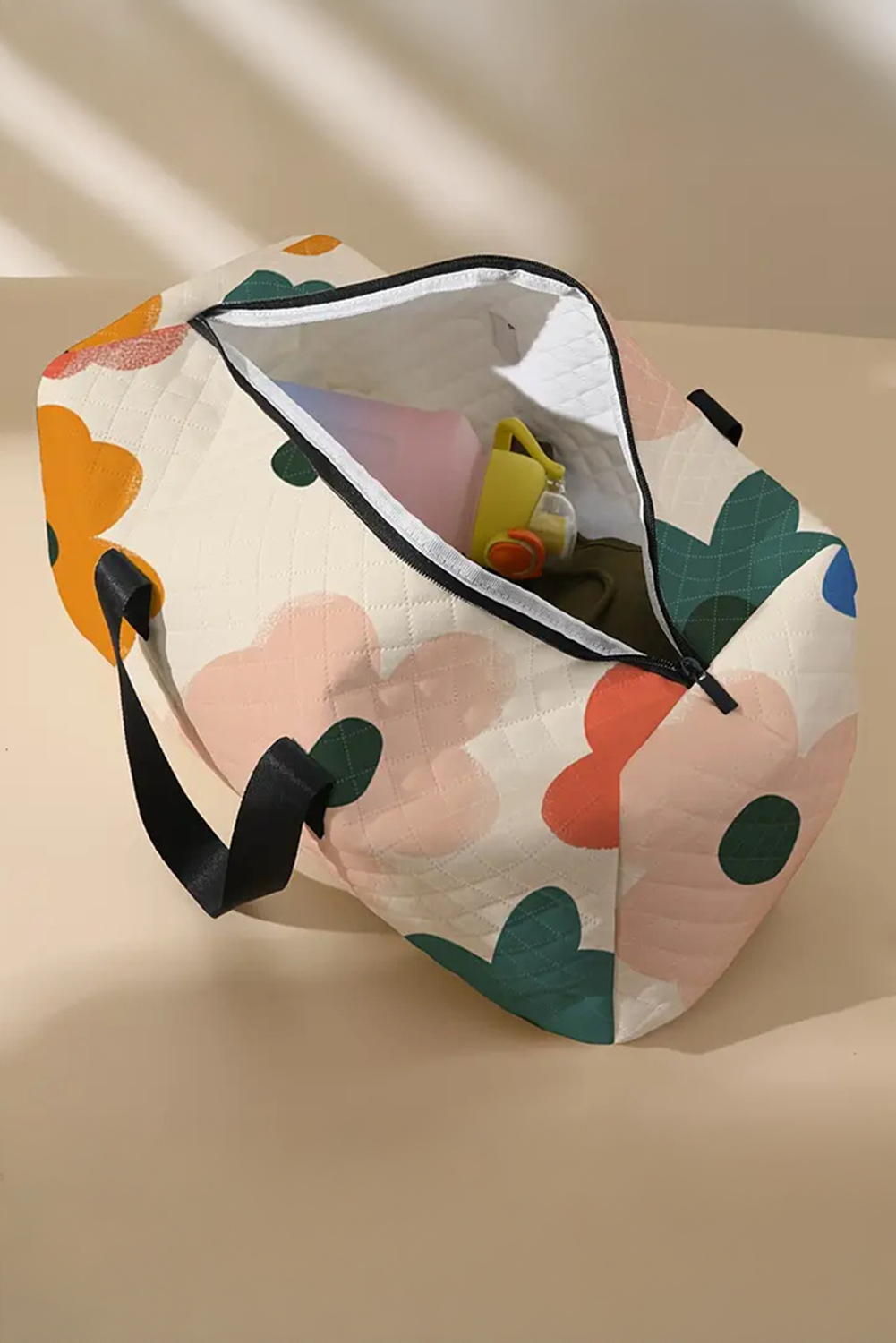 White Flower Print Quilted Large Duffel Bag