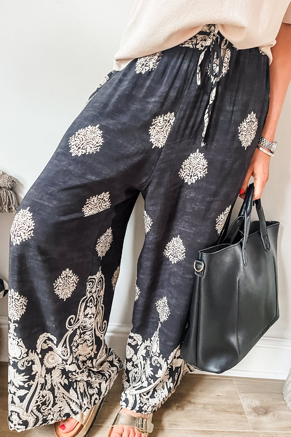Black Bohemian Printed Drawstring Elastic Waistband Wide Leg Pants