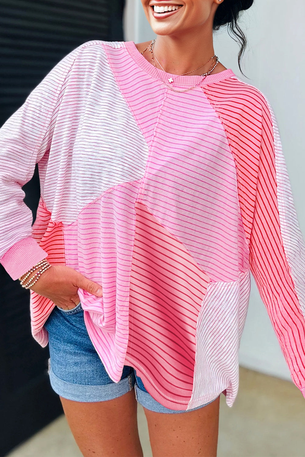 Sachet Pink Striped Colorblock Exposed Seam Casual Long Sleeve Top
