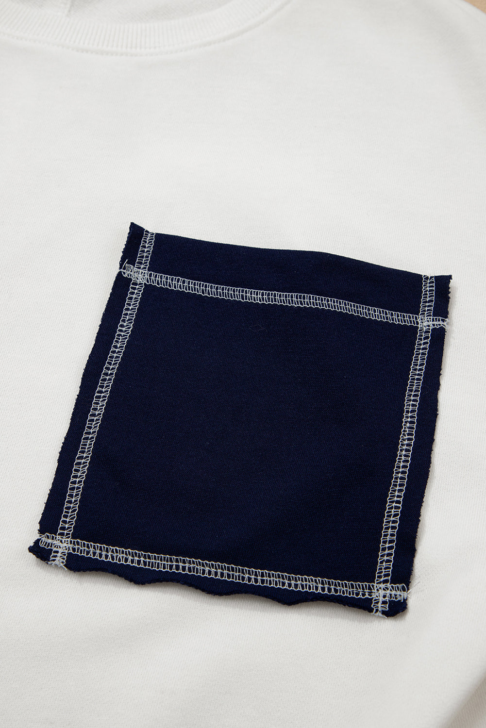 White Exposed Seam Detail Color Block Patch Pocket Drop Shoulder Sweatshirt