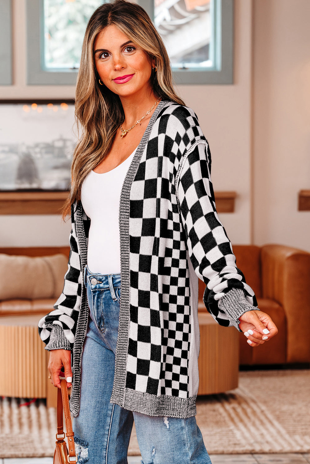 Orange Checkered Open Front Drop Shoulder Cardigan