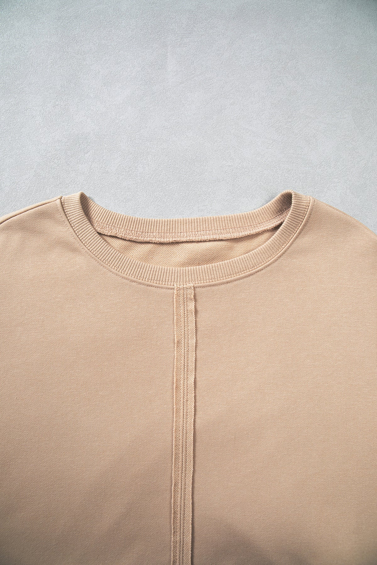Parchment Solid Color Raw Seam Lace Detail Loose Casual Sweatshirt
