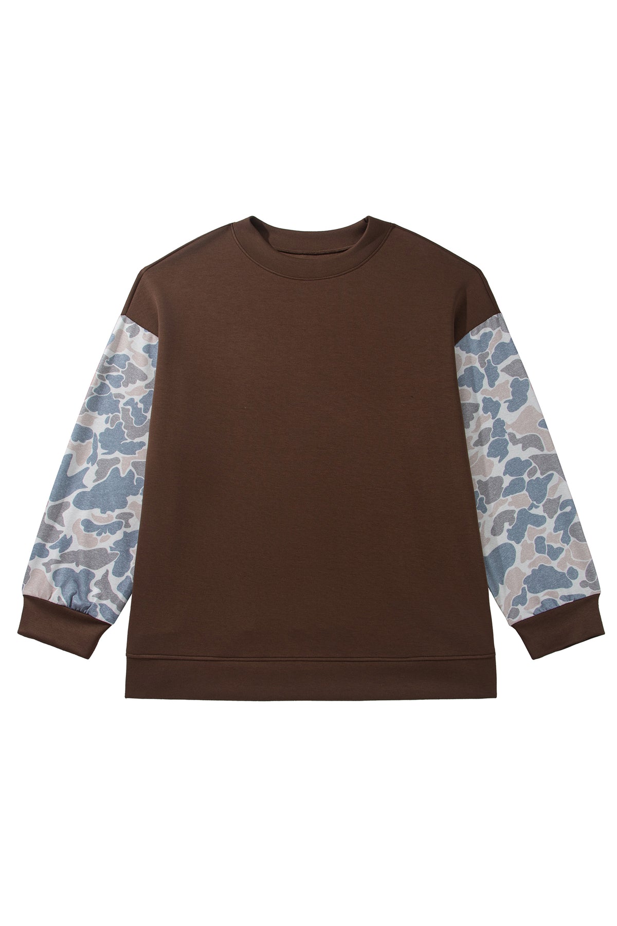 Coffee Mock Neck Camo Patchwork Drop Shoulder Plus Size Sweatshirt