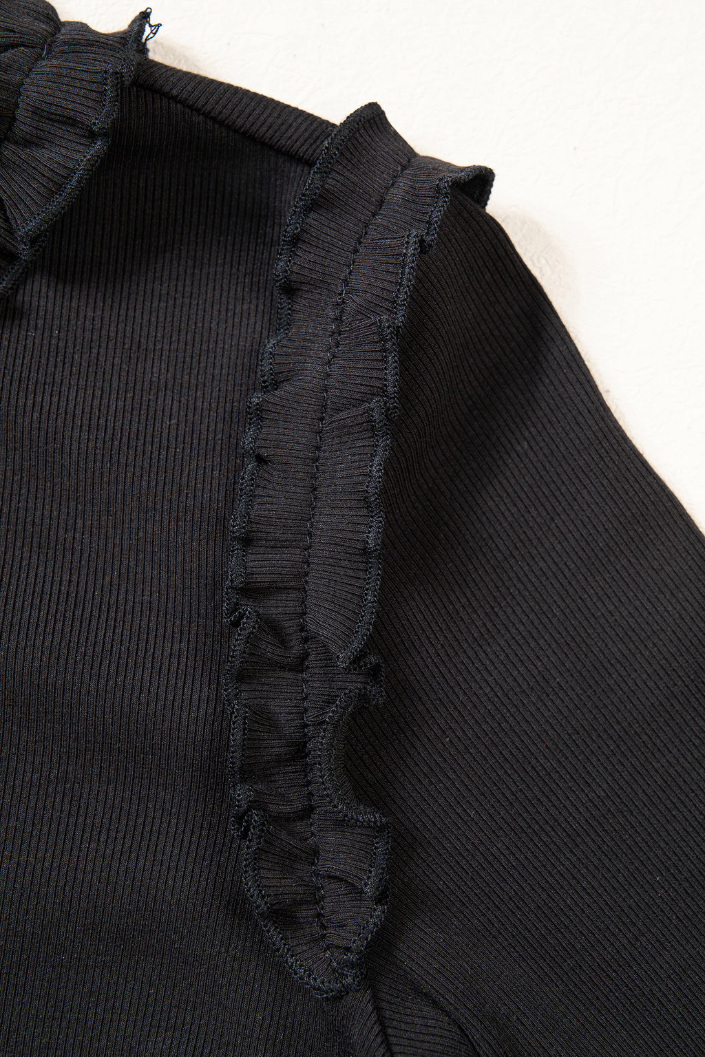 Black Solid Color Round Neck Frill Detail Long Sleeve Top
