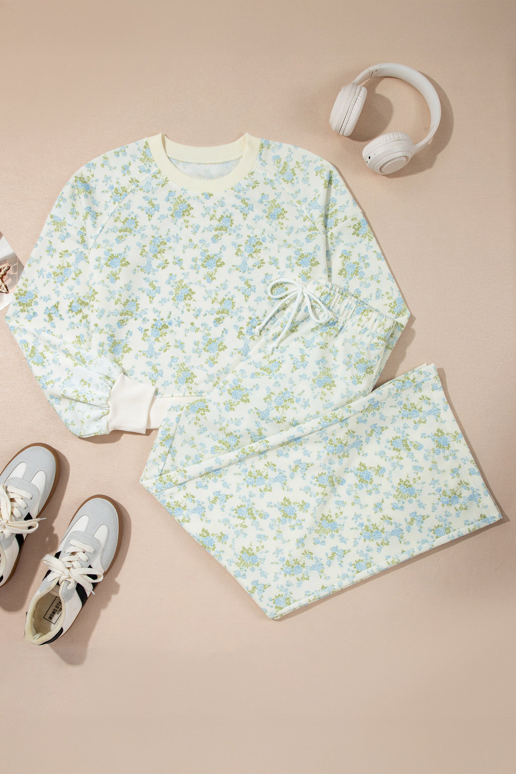 Sky Blue Floral Print Long Sleeve Top Drawstring Wide Leg Pants Set