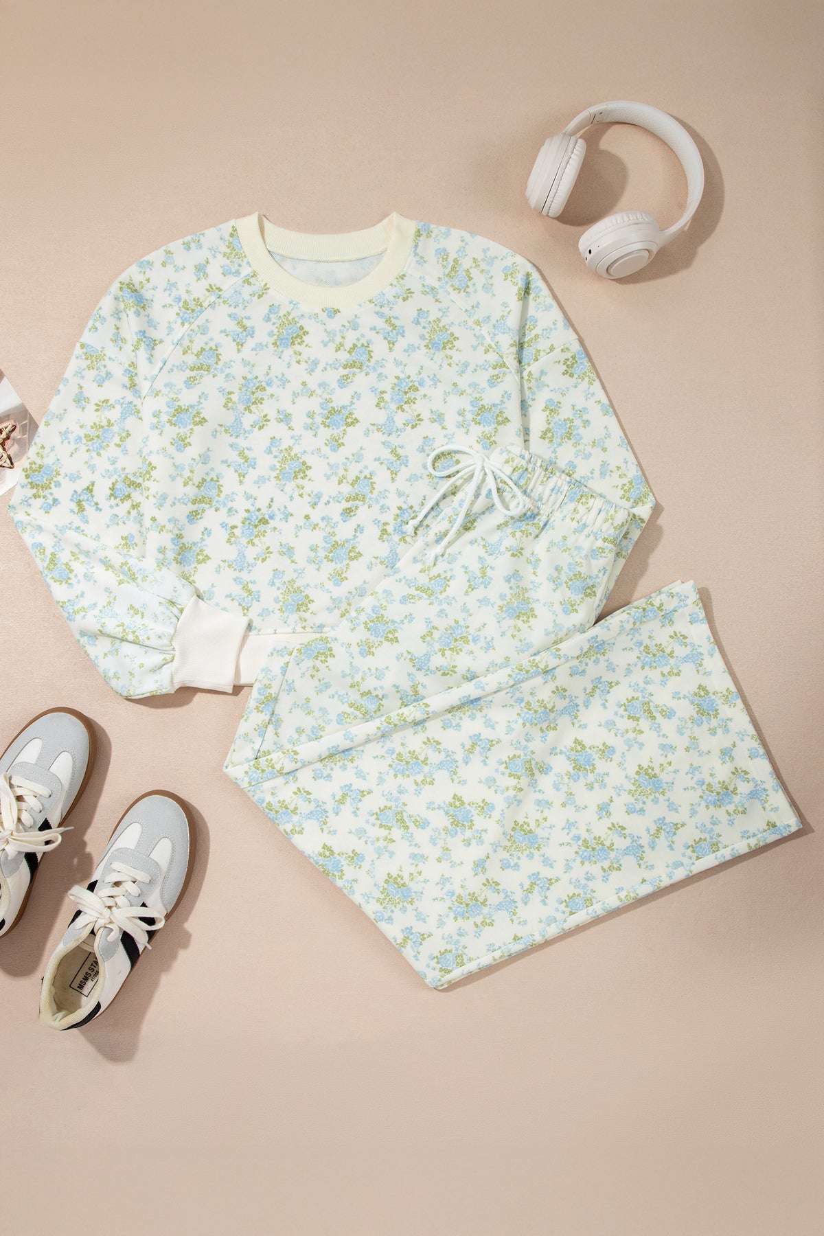 Sky Blue Floral Print Long Sleeve Top Drawstring Wide Leg Pants Set