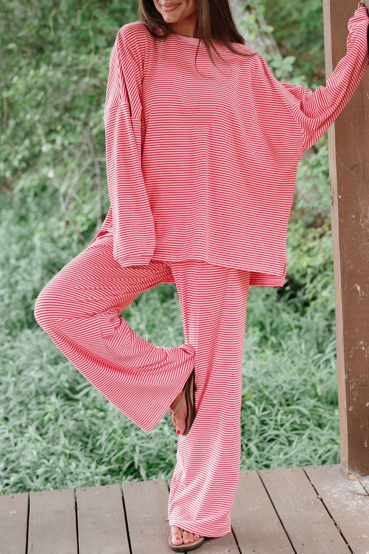 Blue Stripe Contrast Trim Round Neck Oversize Long Sleeve Top 2pcs Pant Set