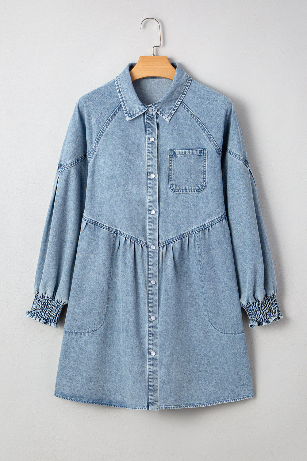 Beau Blue Smocked Cuffs Flared Denim Shirt Mini Dress