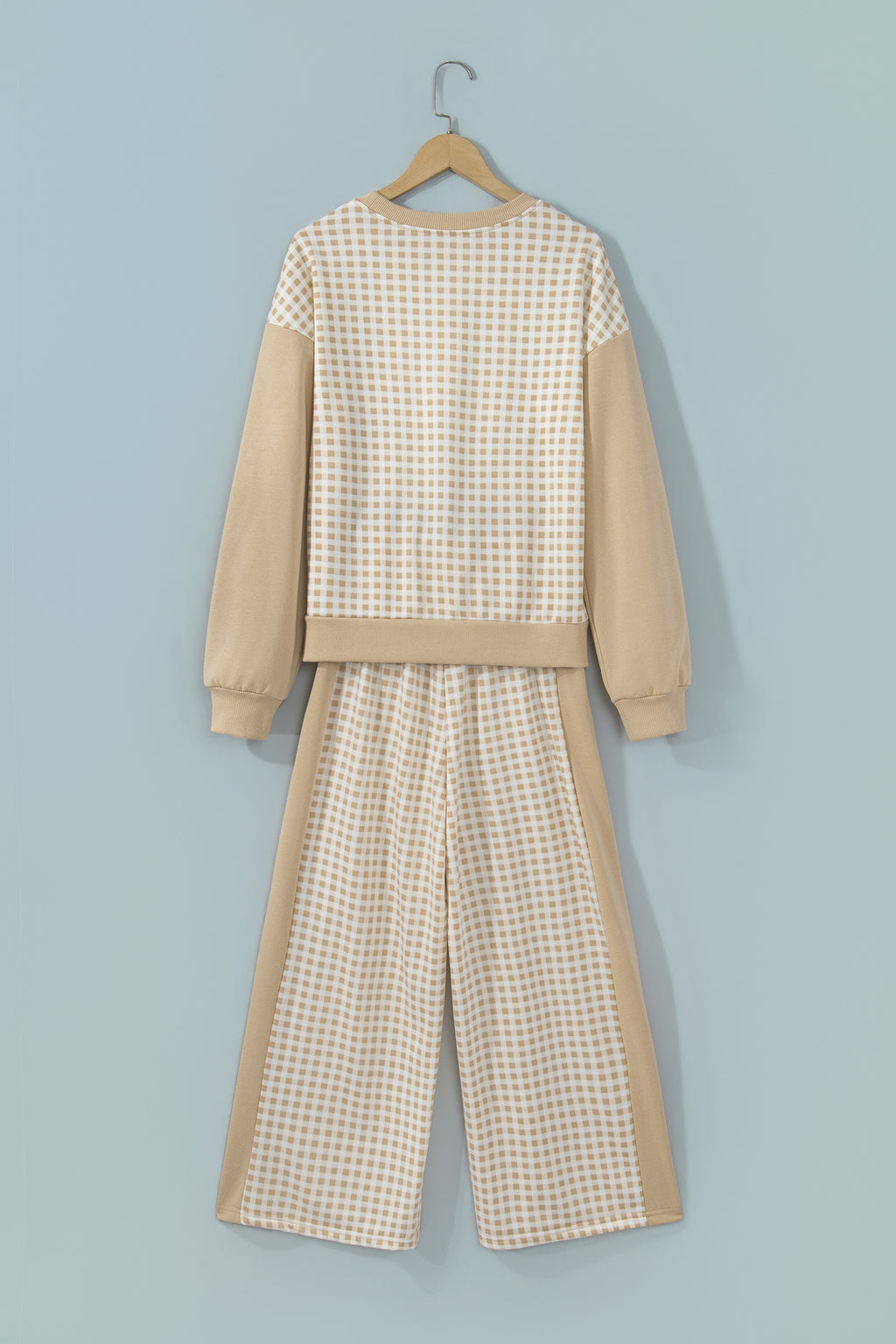 Brown Color Block Plaid Patchwork Long Sleeve Pullover Wide Leg Pant Set