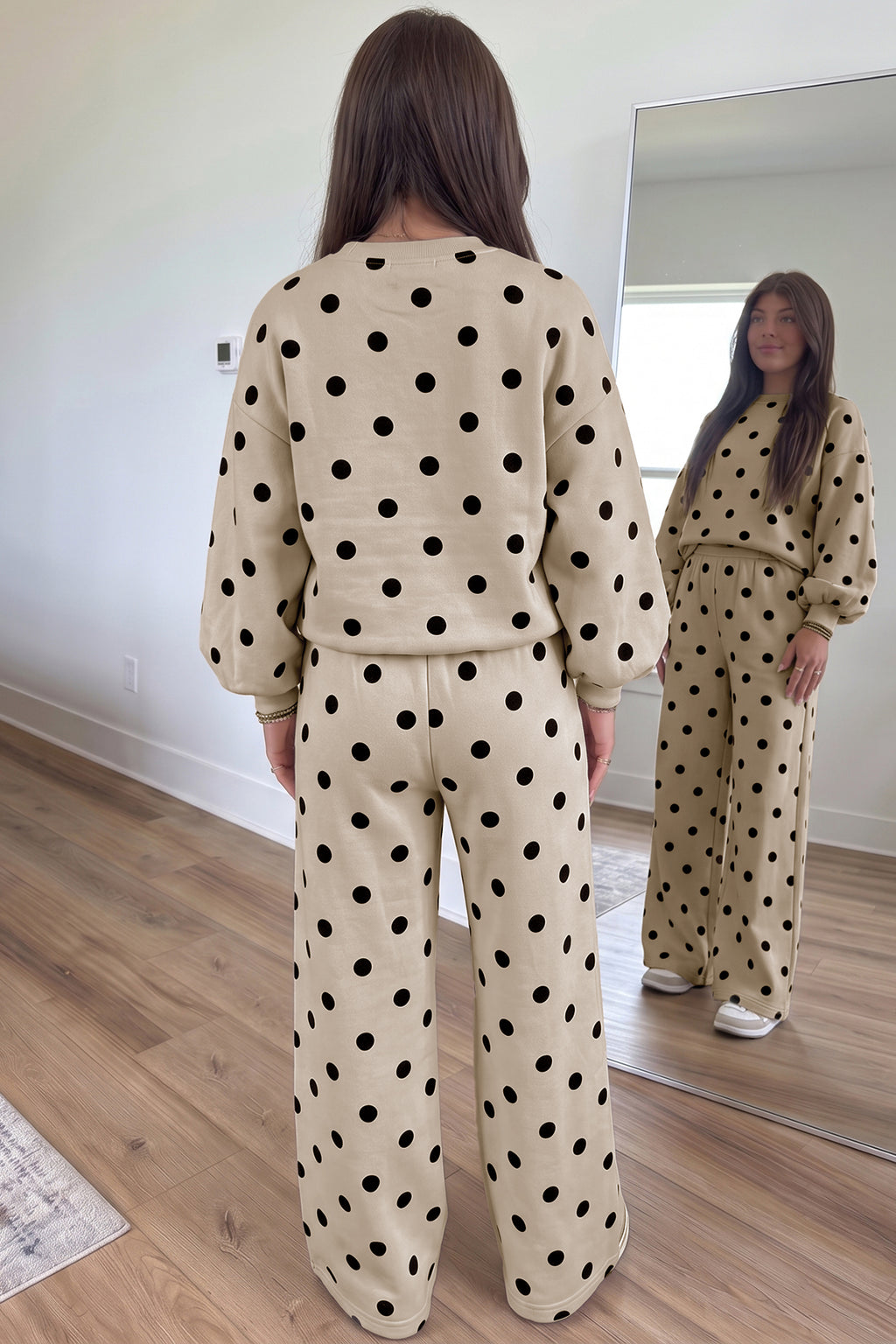 Pink Polka Dot Puff Sleeve Top Casual Pants 2pcs Set