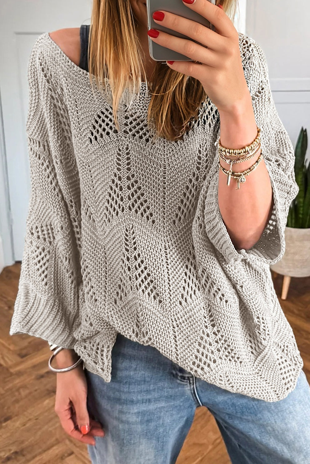 Seagrass Hollow Out Knit 7/8 Sleeve Casual Sweater