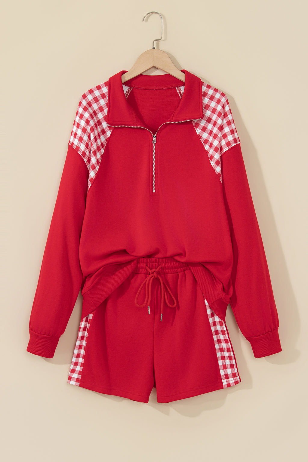Coffee Plaid Patchwork Half Zip Pullover Drawstring Short Set