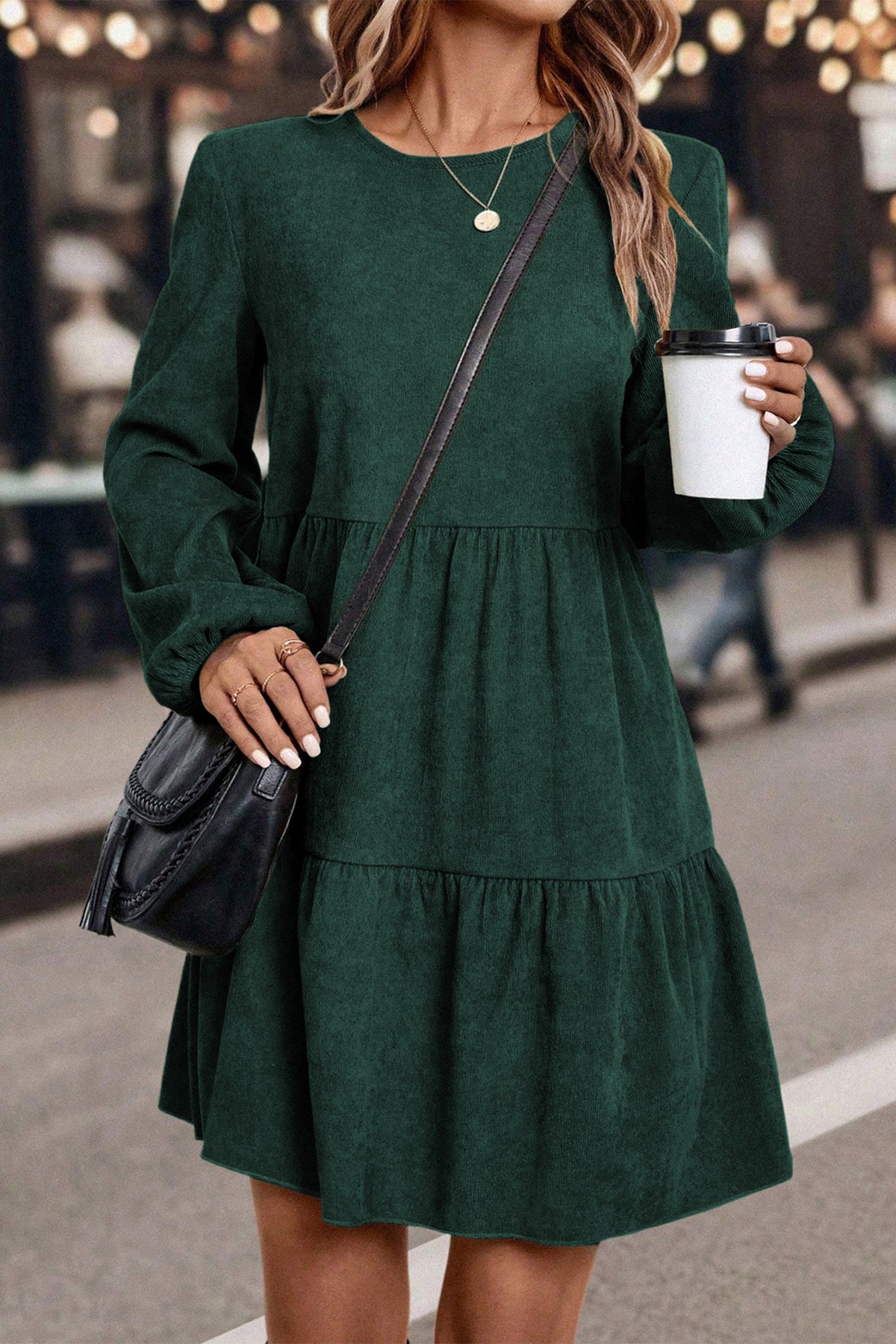 Mist Green Lantern Sleeve Tiered Mini Dress