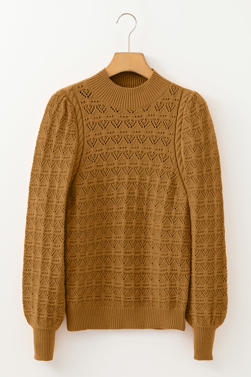 Jurassic Gold Hollow Out Crochet Ribbed Edge Balloon Sleeve Sweater