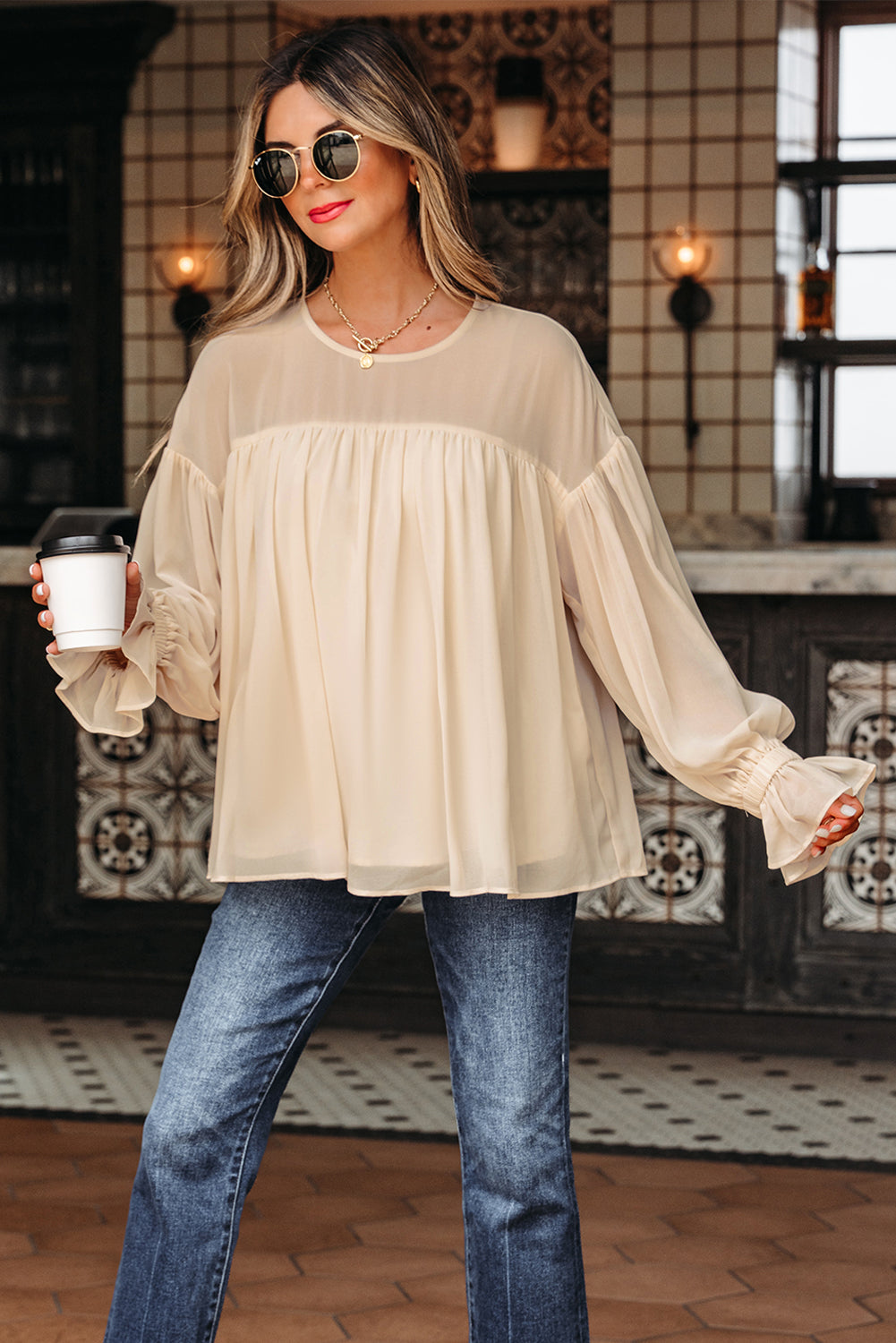 Parchment Pleated Ruffle Long Sleeve Chiffon Blouse
