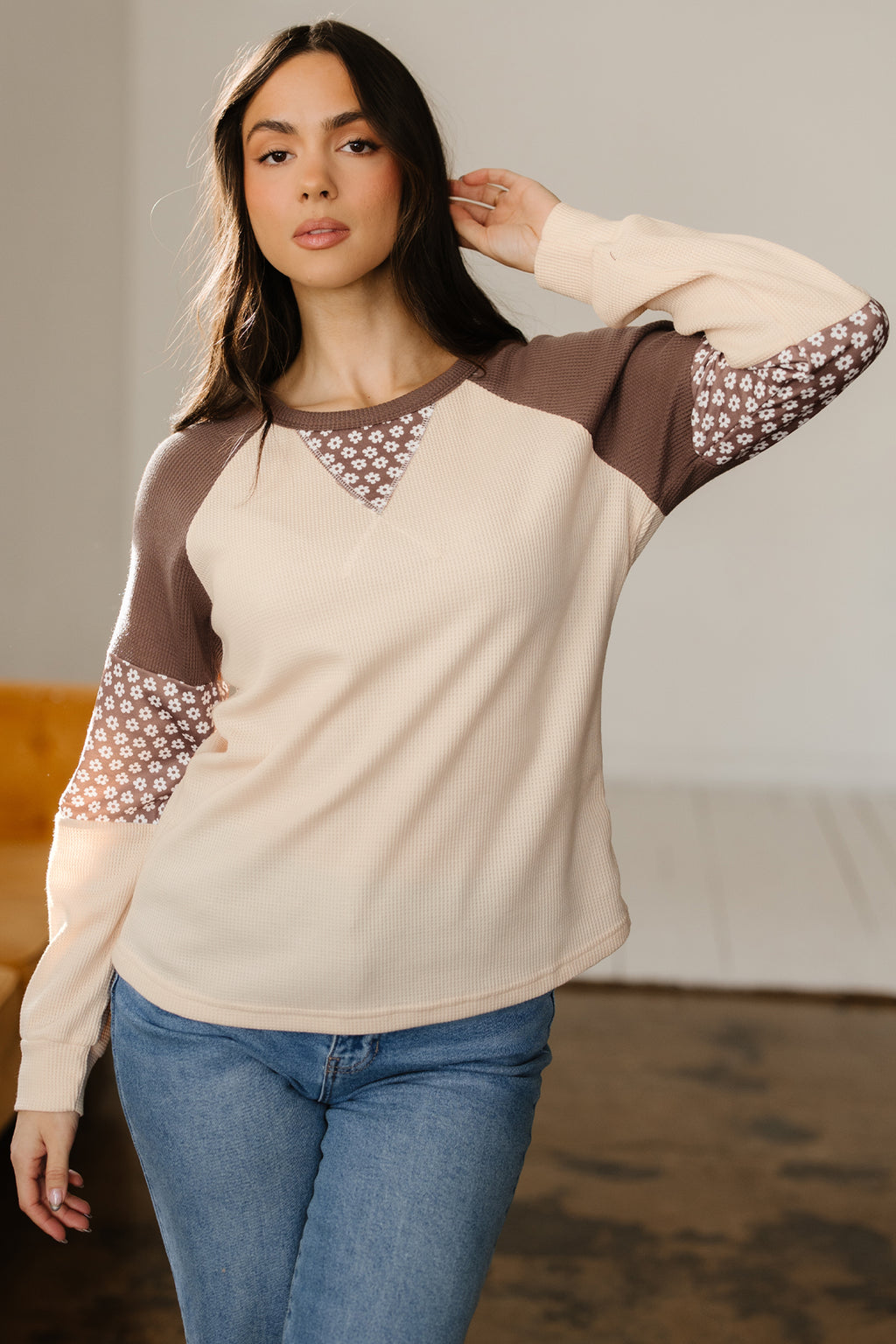 Brown Floral Print Patchwork Color Block Long Sleeve Top