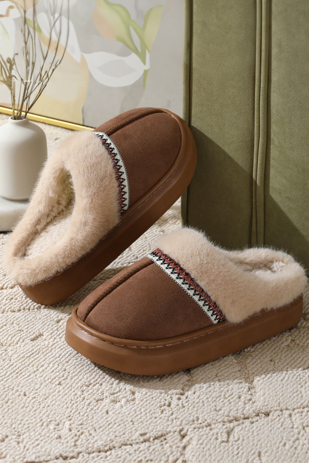 Coffee Western Woven Detail Faux Suede Furry Home Slippers