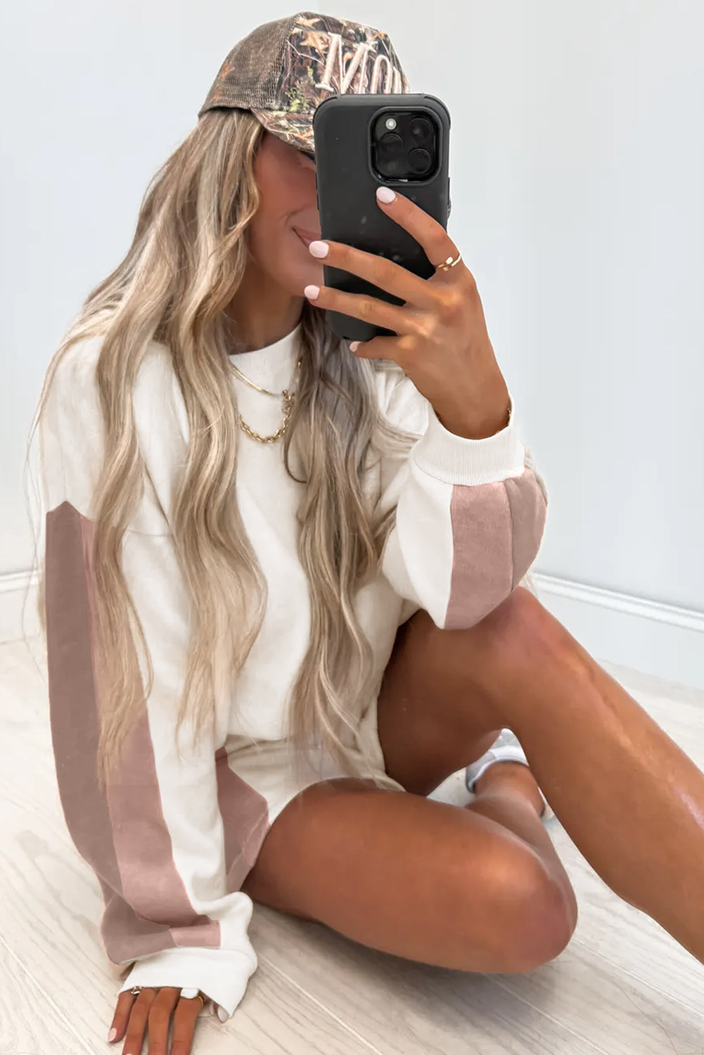 White Color Block Patchwork Drop Shoulder Pullover Casual Shorts 2pcs Outfit