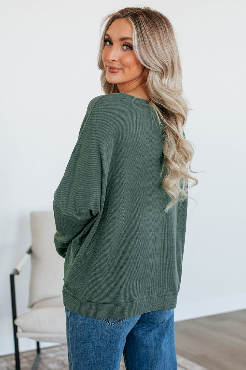Dark Brown Waffle Knit Patchwork Long Sleeve Loose Top