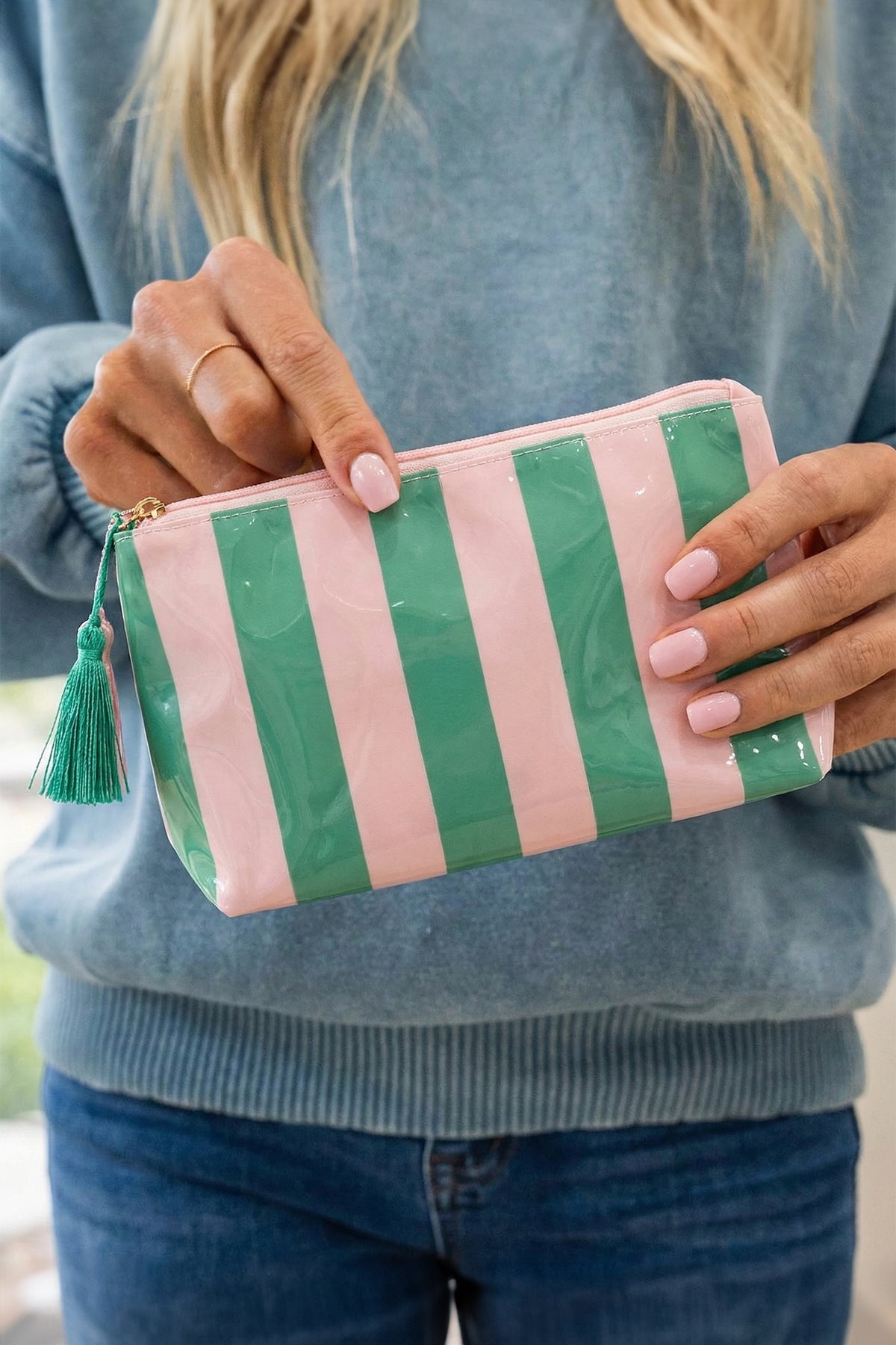 Navy Blue Striped Vinyl Waterproof Tassel Zipper Makeup Bag