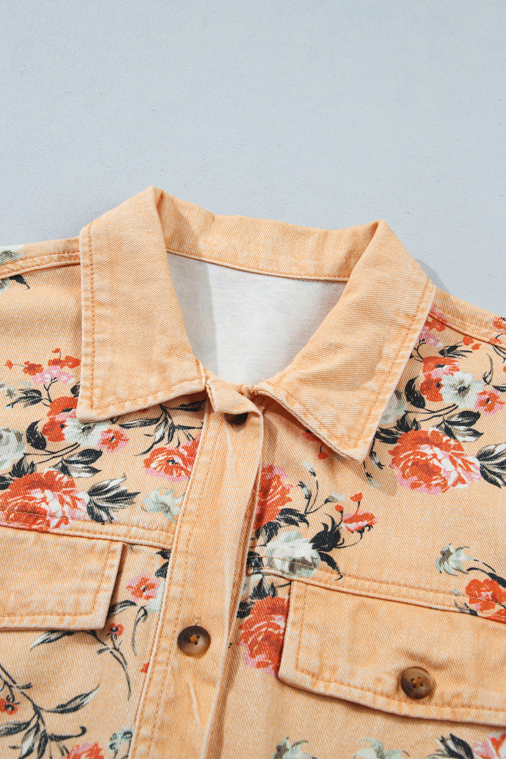 Khaki Floral Print Long Sleeve Shift 100% Cotton Denim Jacket