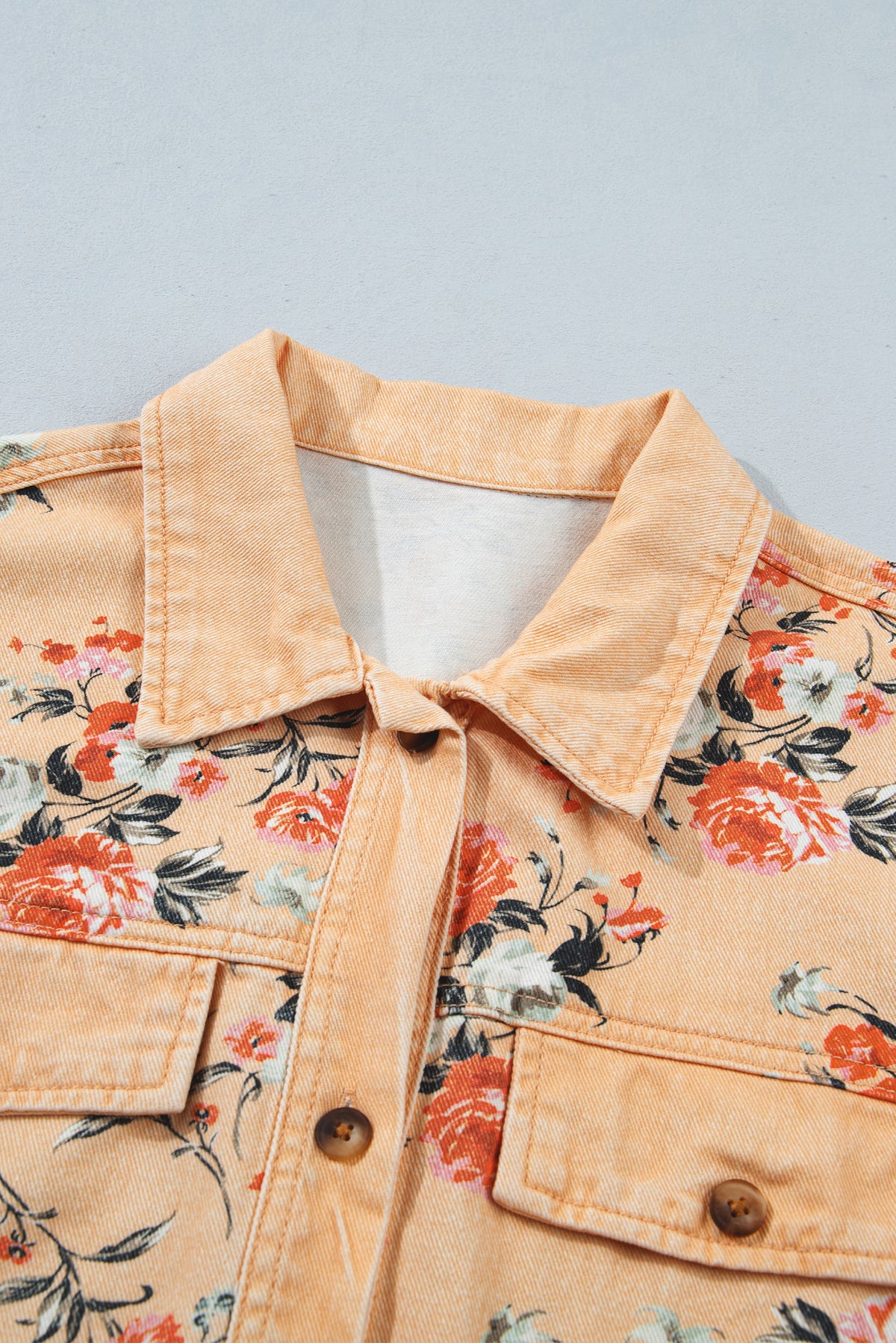 Khaki Floral Print Long Sleeve Shift 100% Cotton Denim Jacket
